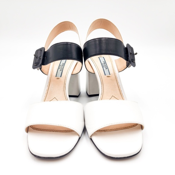 Prada Leather Mary Jane Black & White Designer Sandals Heels w.box EU 38 - Picture 4 of 9